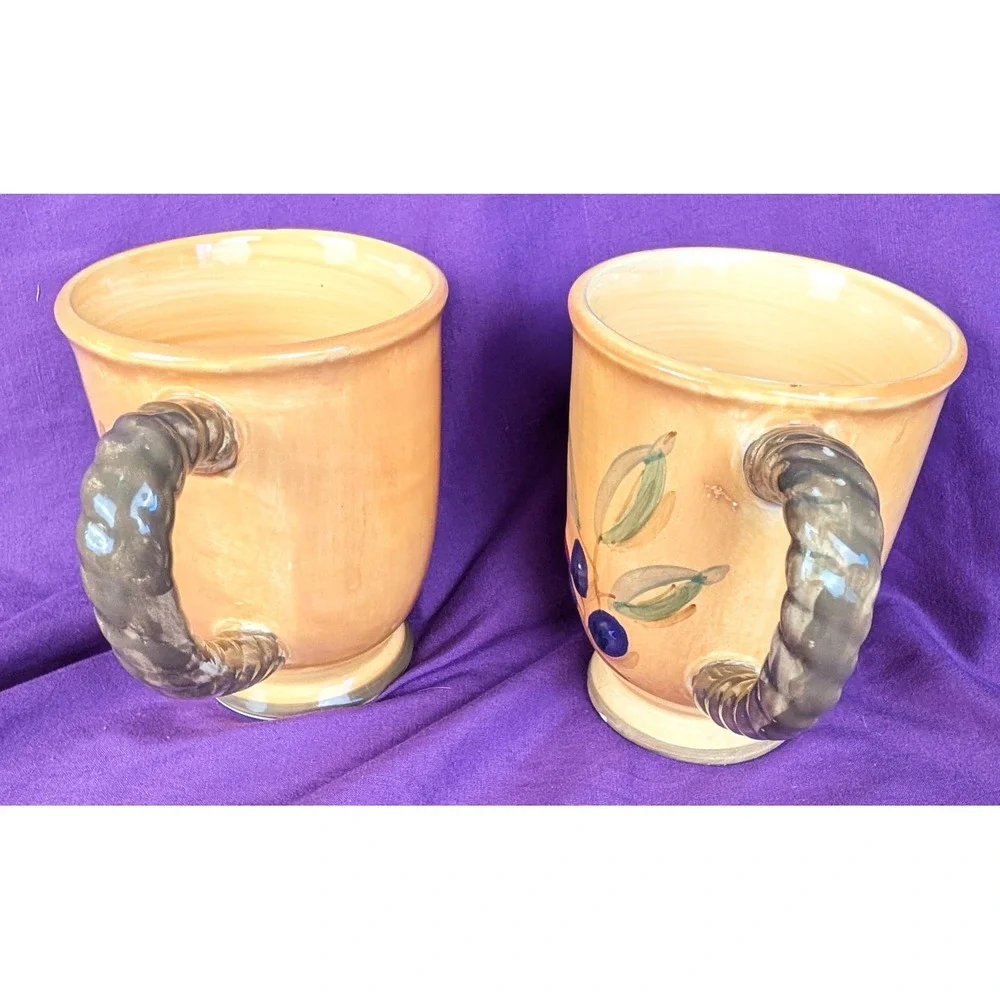 Gibson BISTRO ITALIA 2 Mugs Olive Branch Rope Handles Hand Painted 16oz